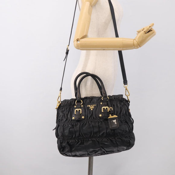 PRADA Gathered Hand Bag Leather 2way Black Gold Auth 213445V