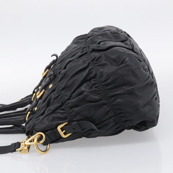 PRADA Gathered Hand Bag Leather 2way Black Gold Auth 213445V