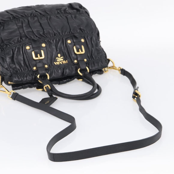 PRADA Gathered Hand Bag Leather 2way Black Gold Auth 213445V