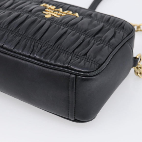 PRADA Gathered Chain Shoulder Bag Leather Black Gold Auth 213455V