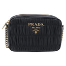 PRADA Gathered Chain Shoulder Bag Leather Black Gold Auth 213455V-2