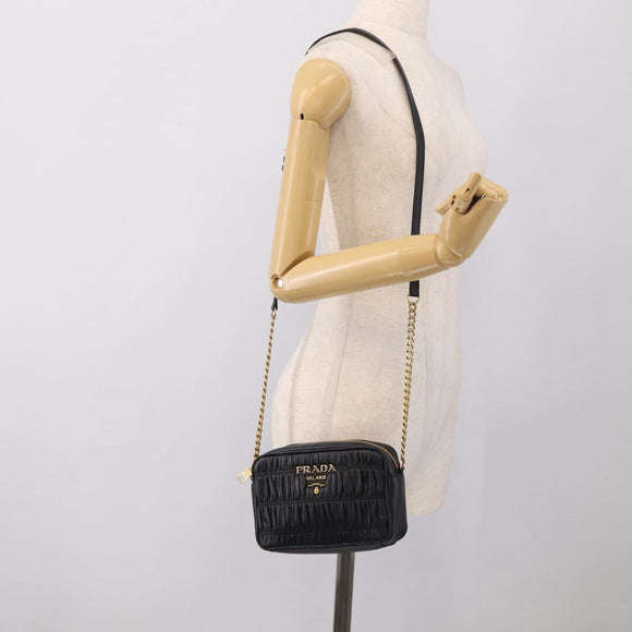 PRADA Gathered Chain Shoulder Bag Leather Black Gold Auth 213455V
