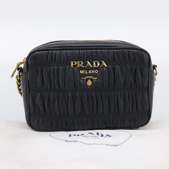 PRADA Gathered Chain Shoulder Bag Leather Black Gold Auth 213455V