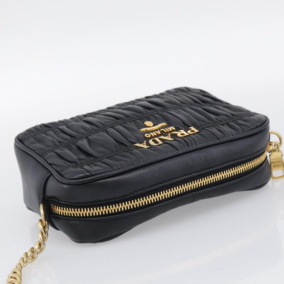 PRADA Gathered Chain Shoulder Bag Leather Black Gold Auth 213455V