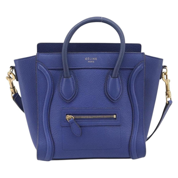 CELINE Luggage Nano Shopper Hand Bag Leather 2way Blue Gold Auth 213458A