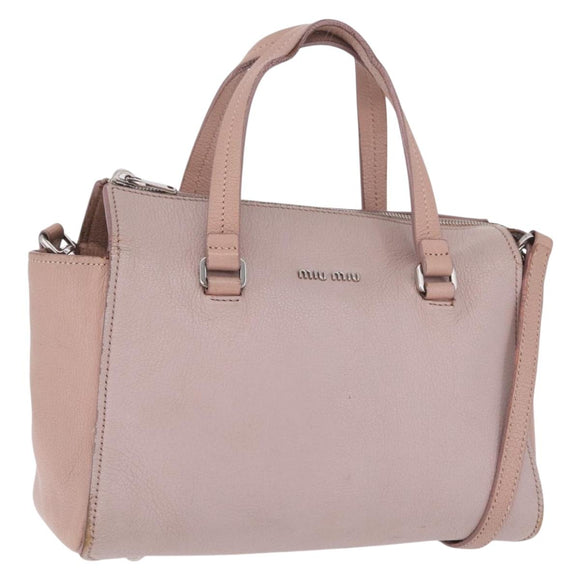 Miu Miu Madras Hand Bag Leather 2way Beige Silver Auth 213516