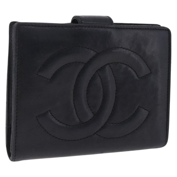 CHANEL COCO Mark Wallet Leather Black Gold CC Auth 213536