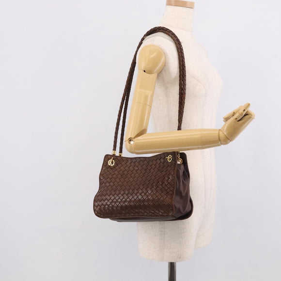 Bottega Veneta INTRECCIATO Shoulder Bag Leather Brown Gold Auth 213542A