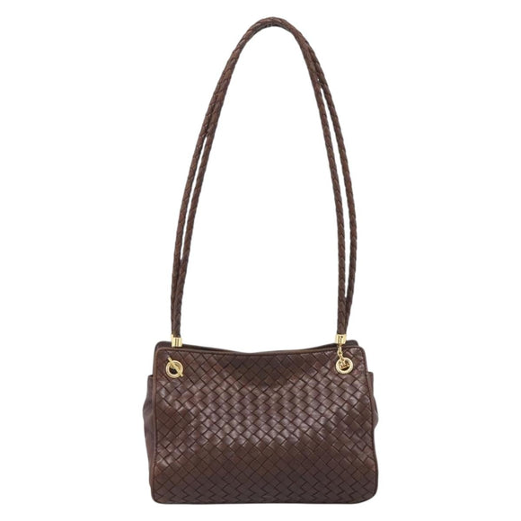 Bottega Veneta INTRECCIATO Shoulder Bag Leather Brown Gold Auth 213542A