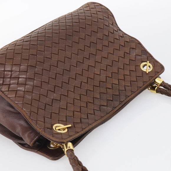 Bottega Veneta INTRECCIATO Shoulder Bag Leather Brown Gold Auth 213542A