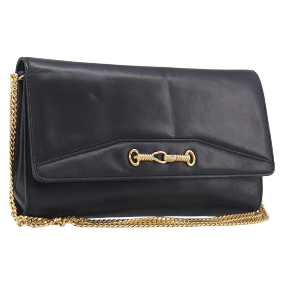 CELINE Chain Shoulder Bag Leather Black Gold Auth 213562