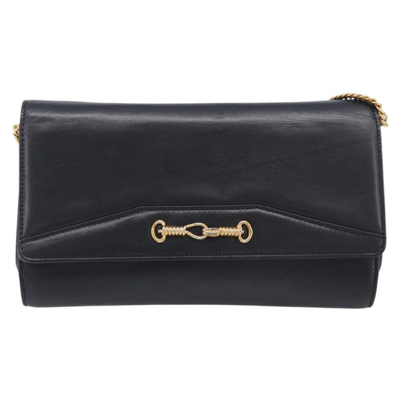 CELINE Chain Shoulder Bag Leather Black Gold Auth 213562