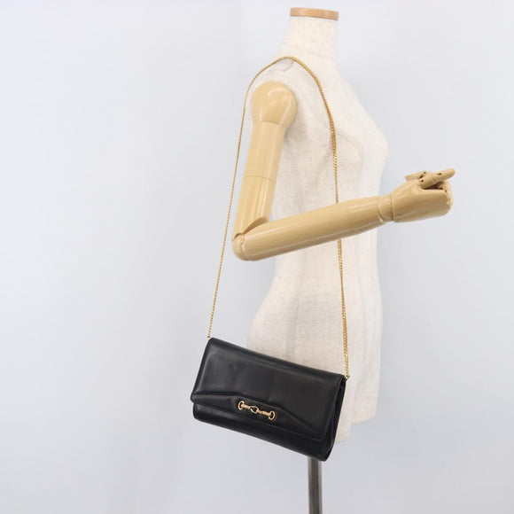 CELINE Chain Shoulder Bag Leather Black Gold Auth 213562