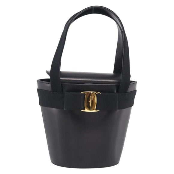 Salvatore Ferragamo Vala Hand Bag Leather Black Gold Auth 213569A