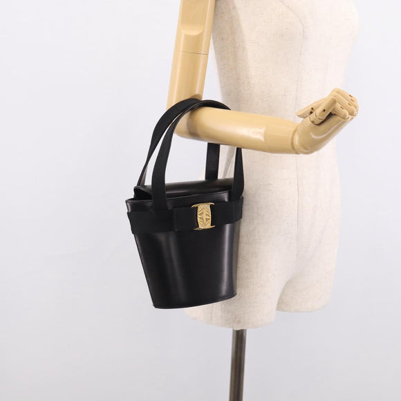 Salvatore Ferragamo Vala Hand Bag Leather Black Gold Auth 213569A
