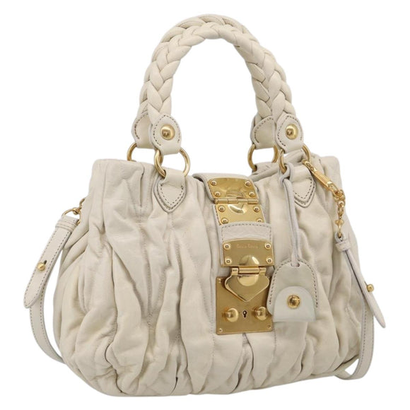 Miu Miu Matelasse Hand Bag Leather 2way White Gold Auth 213588V