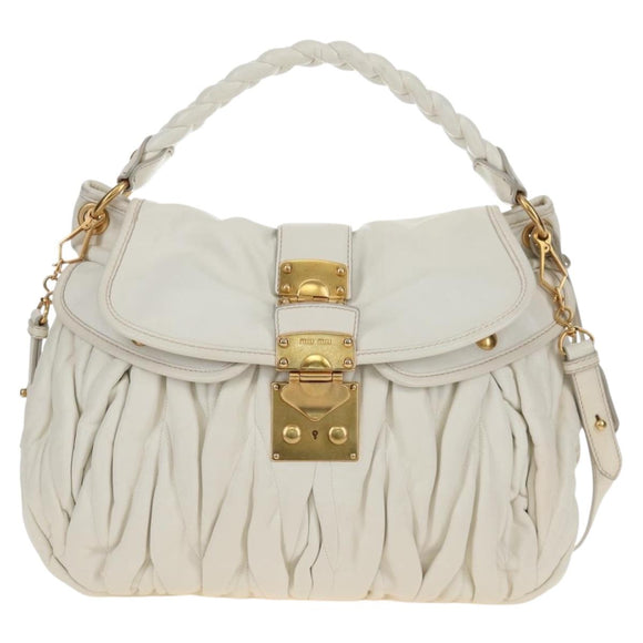 Miu Miu Matelasse Hand Bag Leather 2way White Gold Auth 213594V