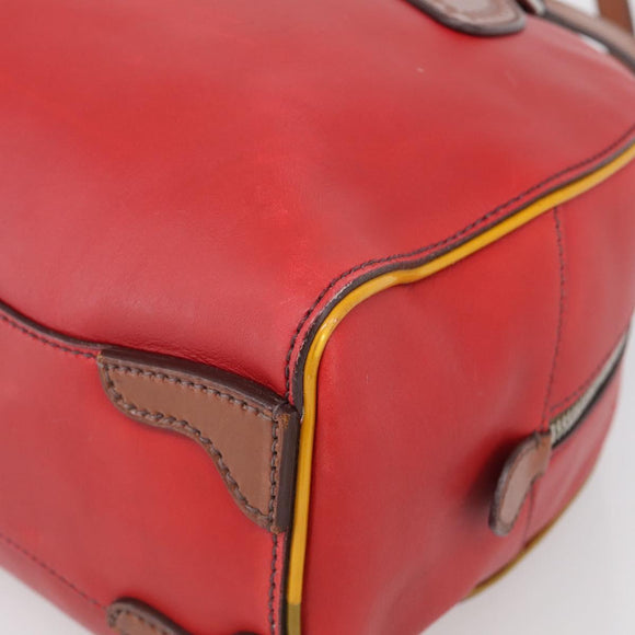 PRADA Boston Bag Leather Red Silver Auth 213595V