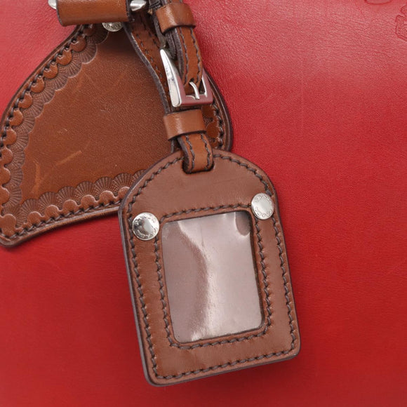 PRADA Boston Bag Leather Red Silver Auth 213595V