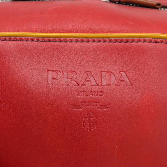 PRADA Boston Bag Leather Red Silver Auth 213595V