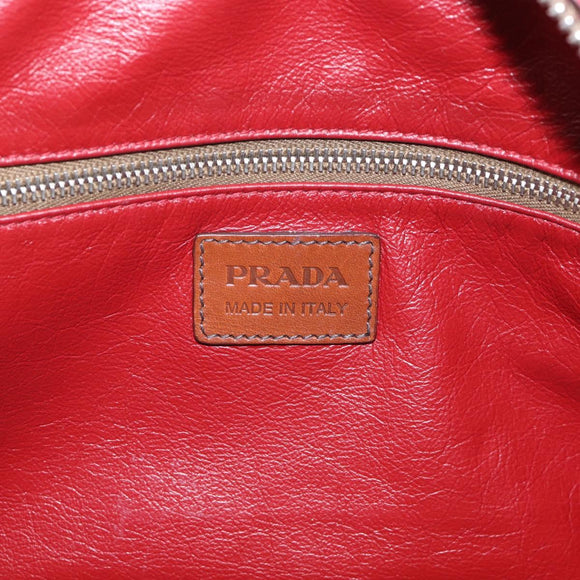 PRADA Boston Bag Leather Red Silver Auth 213595V