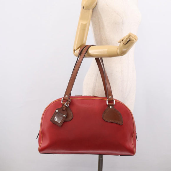 PRADA Boston Bag Leather Red Silver Auth 213595V