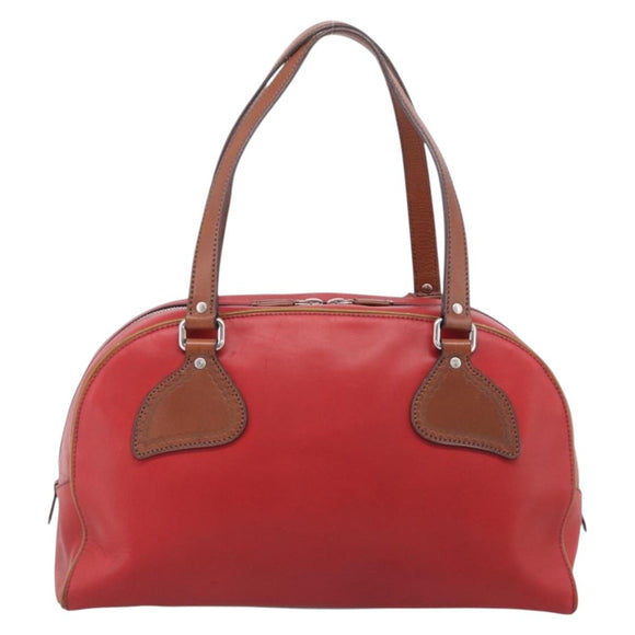 PRADA Boston Bag Leather Red Silver Auth 213595V