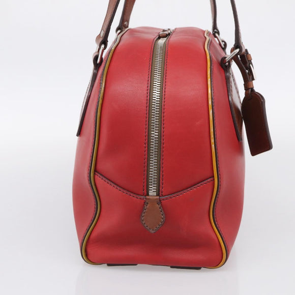 PRADA Boston Bag Leather Red Silver Auth 213595V