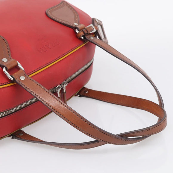 PRADA Boston Bag Leather Red Silver Auth 213595V