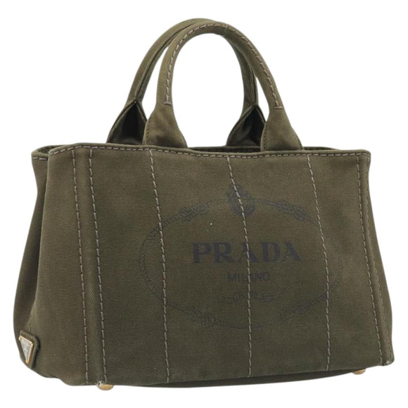 PRADA Canapa Hand Bag Canvas Khaki Gold Auth 213600