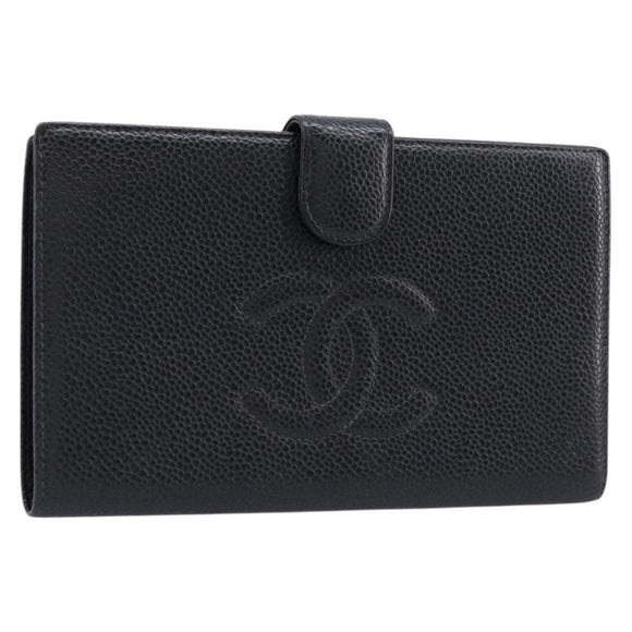 CHANEL Long Wallet Caviar Skin Black Gold CC Auth 213613V
