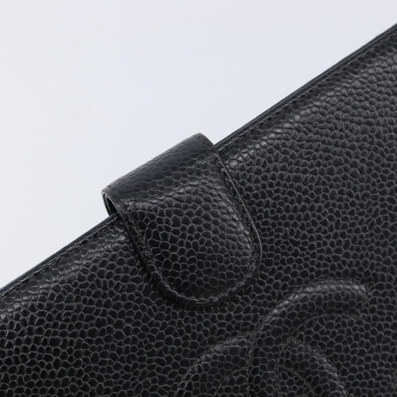 CHANEL Long Wallet Caviar Skin Black Gold CC Auth 213613V