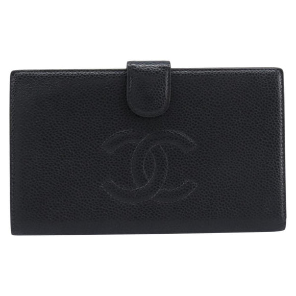CHANEL Long Wallet Caviar Skin Black Gold CC Auth 213613V