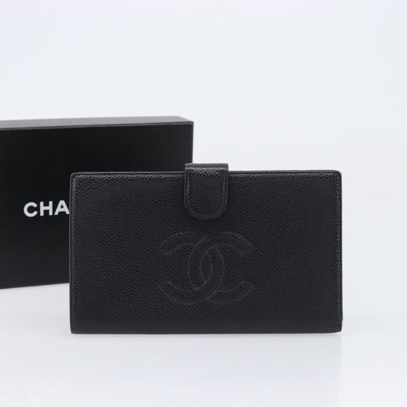 CHANEL Long Wallet Caviar Skin Black Gold CC Auth 213613V