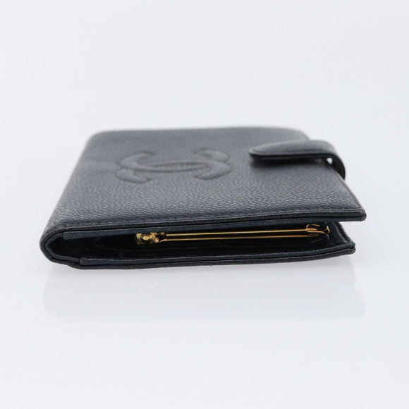 CHANEL Long Wallet Caviar Skin Black Gold CC Auth 213613V