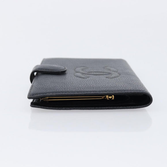 CHANEL Long Wallet Caviar Skin Black Gold CC Auth 213613V