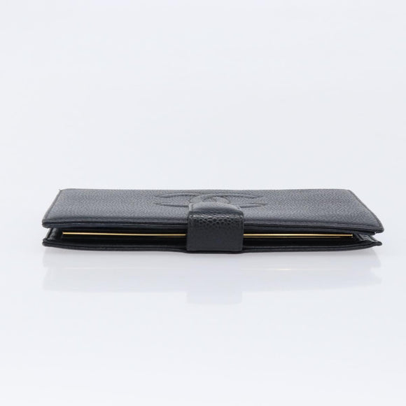 CHANEL Long Wallet Caviar Skin Black Gold CC Auth 213613V
