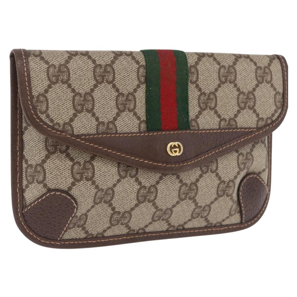 GUCCI GG Supreme Web Sherry Line Pouch PVC Beige Gold 014 58 5205 Auth 213618A