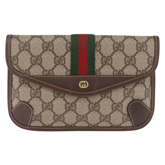 GUCCI GG Supreme Web Sherry Line Pouch PVC Beige Gold 014 58 5205 Auth 213618A