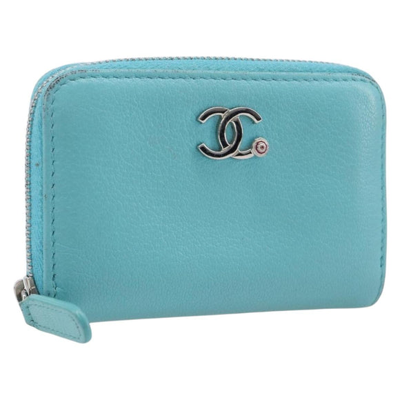 CHANEL Coin Purse Leather Light Blue Silver CC Auth 213625A