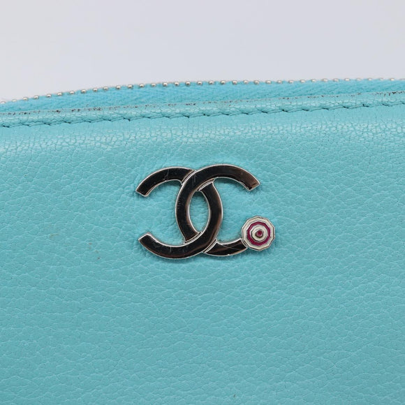 CHANEL Coin Purse Leather Light Blue Silver CC Auth 213625A