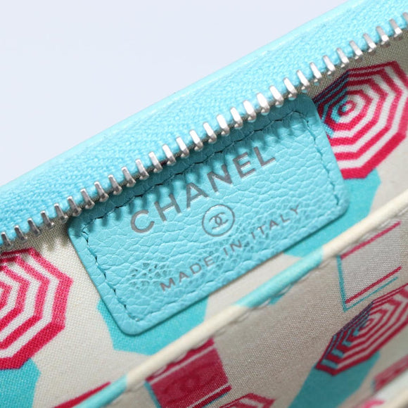 CHANEL Coin Purse Leather Light Blue Silver CC Auth 213625A