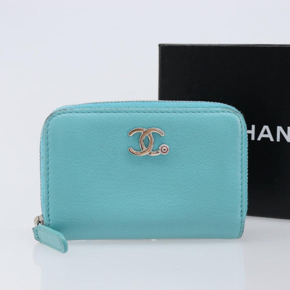 CHANEL Coin Purse Leather Light Blue Silver CC Auth 213625A