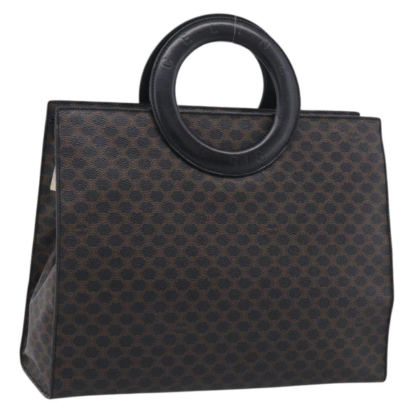 CELINE Macadam Canvas Circle Hand Bag PVC Leather Black Gold Auth 213626