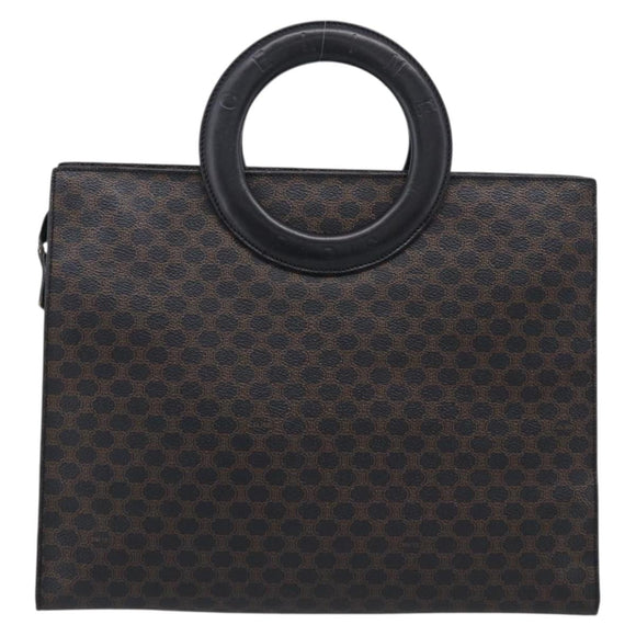CELINE Macadam Canvas Circle Hand Bag PVC Leather Black Gold Auth 213626