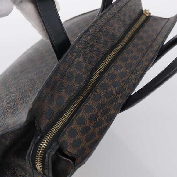 CELINE Macadam Canvas Circle Hand Bag PVC Leather Black Gold Auth 213626