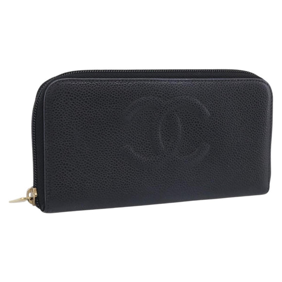 CHANEL Long Wallet Caviar Skin Black Gold CC Auth 213644V