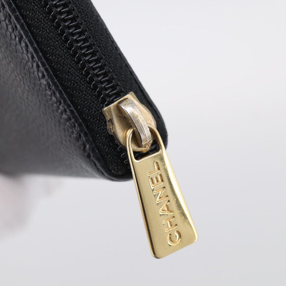 CHANEL Long Wallet Caviar Skin Black Gold CC Auth 213644V
