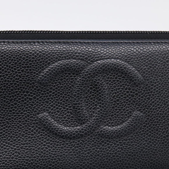 CHANEL Long Wallet Caviar Skin Black Gold CC Auth 213644V