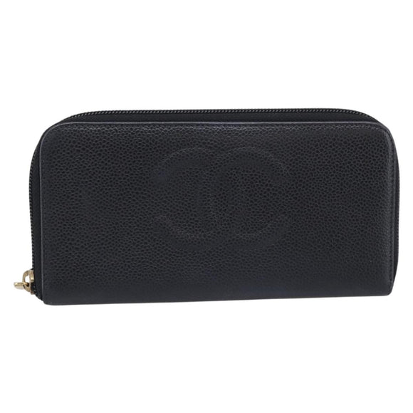 CHANEL Long Wallet Caviar Skin Black Gold CC Auth 213644V
